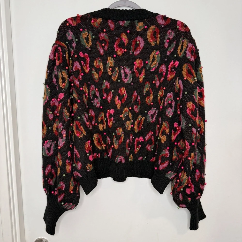 Farm Rio Colorful Beaded Leopard Sweater – Black Multi – Size XL - Picture 2 of 4